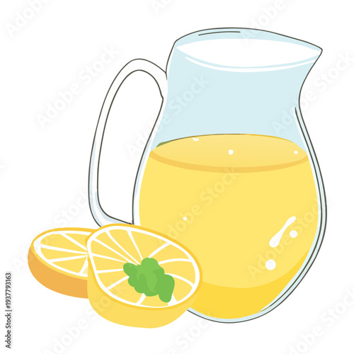 A cartoon pitcher filled with yellow beverage, with a white background