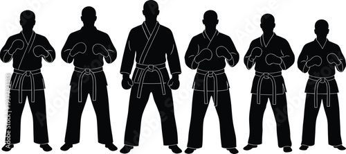 Silhouette lineup of martial artists in fighting stances, black and white vector illustration symbolizing discipline, readiness, teamwork, hierarchy, and martial arts training concepts