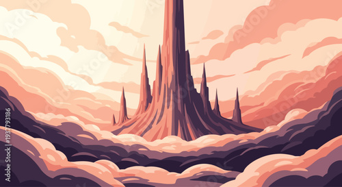 Tall Tower with Spires in Fantasy Landscape.