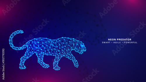 Neon Polygon Panther Technology Background, Glowing Wireframe Panther Tech Network Design, Futuristic Digital Predator Low Poly Illustration, Blue Neon Low Poly Leopard Cyber Technology Art