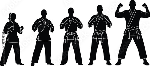 Silhouette lineup of martial artists in fighting stances, black and white vector illustration symbolizing discipline, diversity, teamwork, readiness, and martial arts training concepts