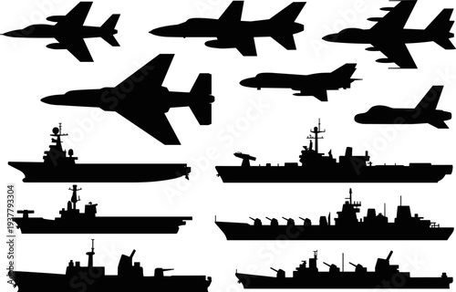 Military aircraft and warship silhouette set including fighter jets bomber planes navy ships defense transport vector illustration collection