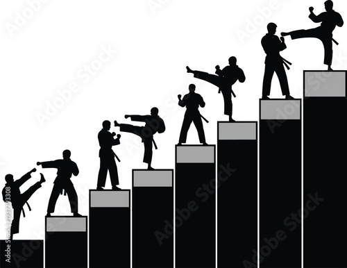Silhouette of martial artists ascending step platforms, black and white vector illustration symbolizing growth, discipline, mastery, achievement, and martial arts progression concepts