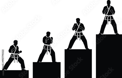 Silhouette of martial artists on ascending podiums, black and white vector illustration symbolizing ranking, achievement, discipline, progression, competition, and personal growth concepts