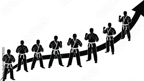 Silhouette of martial artists ascending upward arrow, black and white vector illustration symbolizing growth, discipline, ranking, achievement, and martial arts progression concepts