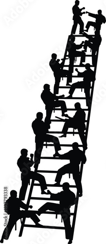 Silhouette of martial artists on diagonal ladder, black and white vector illustration symbolizing hierarchy, struggle, cooperation, competition, and martial arts progression concepts
