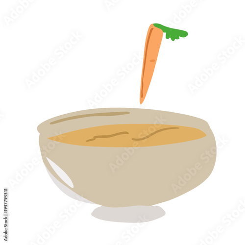 A cartoon carrot is falling towards a bowl of soup, white background