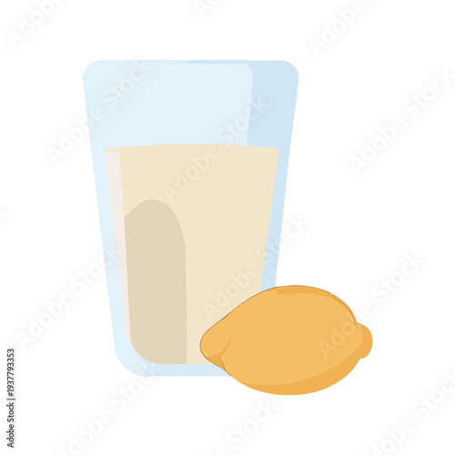 Illustration of a tall glass filled with a light beige liquid, with white backdrop and a small biscuit