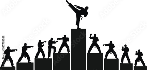 Silhouette of martial artists on podium platforms with high kick victory pose, black and white vector illustration symbolizing ranking, achievement, discipline, and martial arts competition concepts