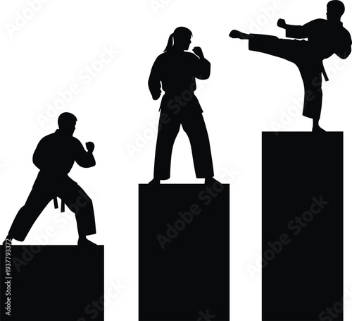 Silhouette of martial artists on ranking podiums, black and white vector illustration symbolizing competition, achievement, discipline, hierarchy, and martial arts victory concepts