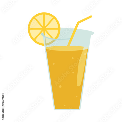 Illustration of a glass of refreshing drink, lemon slice, and straw on a white background