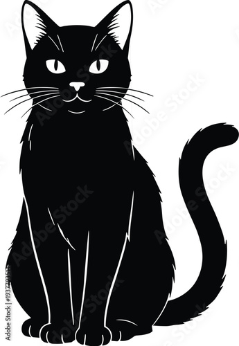 Black silhouette illustration of a sitting cat with pointed ears, whiskers, and curved tail, symbolizing mystery, superstition, pets, and creative design concepts