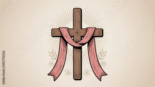 Christian cross with pink ribbon on wooden crucifix symbolizing faith spirituality and devotion against a soft beige background with subtle rays of light
