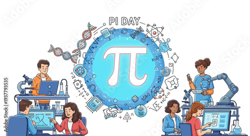Illustration of students and professionals celebrating Pi Day with computers and math symbols in a colorful design.