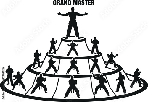 Silhouette pyramid of martial artists with grand master at top, black and white vector illustration symbolizing hierarchy, lineage, discipline, and martial arts training concepts