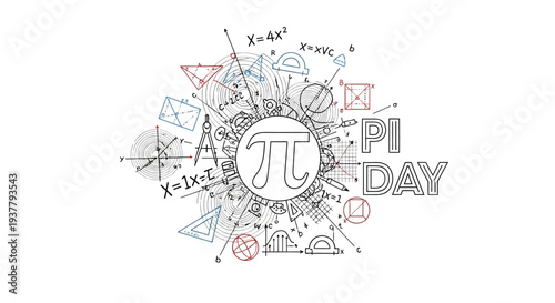Illustration of a Pi Day design with mathematical symbols and equations in a circular pattern on a white background.