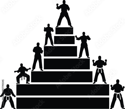 Silhouette pyramid of martial artists on stacked platforms, black and white vector illustration symbolizing hierarchy, discipline, progression, teamwork, and martial arts training concepts