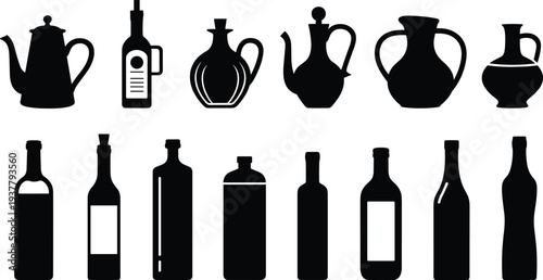 Black silhouette illustration of diverse bottles and pitchers in various shapes and styles, showcasing traditional and modern container designs for packaging, beverage, and product concept projects.
