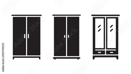 Black Wardrobe Icons With Different Door Styles On White Background For Home And Furniture Concepts