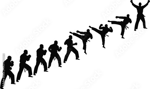 Silhouette sequence of martial artist performing jumping kick, black and white vector illustration symbolizing agility, discipline, progression, victory, and martial arts technique concepts