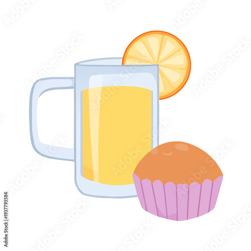 A cartoon beer mug filled with yellow liquid, orange slice garnish, and orange rind