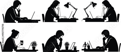 Freelancers working on laptops at desk silhouette set, focused remote workers home office productivity concept illustration