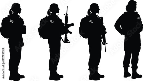 Female soldier silhouette set military woman army soldier with rifle standing guard black vector illustration isolated