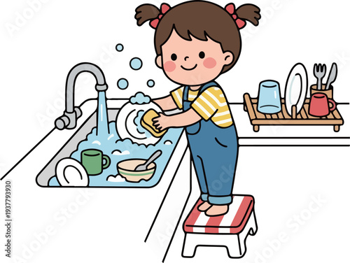 Kids washing dishes and helping with house chores illustration