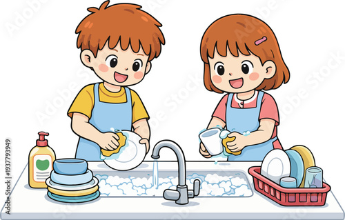 Kids washing dishes and helping with house chores illustration