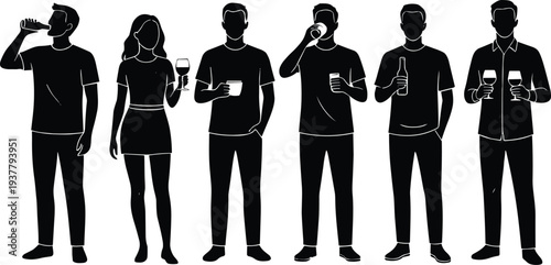 Black silhouette illustrations of people holding bottles, glasses, and cups in casual poses, symbolizing social drinking, lifestyle gatherings, leisure, and creative design concepts