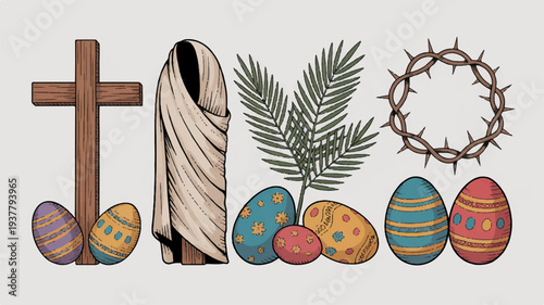 Easter symbols including cross shroud palm branch crown of thorns and decorated eggs on white background