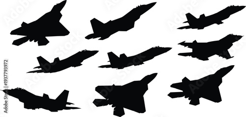 fighter jet, silhouettes, military, aircraft, aviation, air force, combat, jet, plane, defense, war, black, vector, illustration, isolated, collection, modern, stealth, technology, background