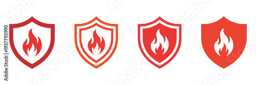Shield, with fire icon set featuring protective symbols, flame hazard warning, fire safety illustration, modern flat vector design for industrial, safety