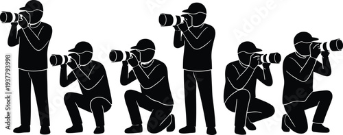 Black silhouette illustrations of photographers in dynamic poses with cameras, capturing images from different angles, representing photography, creative work, media, and artistic design concepts