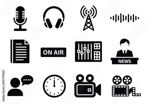 Media communication icons microphone headphones antenna news anchor