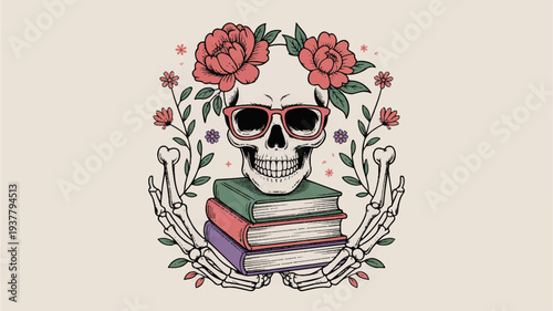 Skull with stack of books and flowers surrounded by skeletal hands detailed illustration symbolic of knowledge and mortality