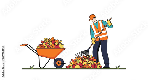 Gardener wheelbarrow autumn leaves vector