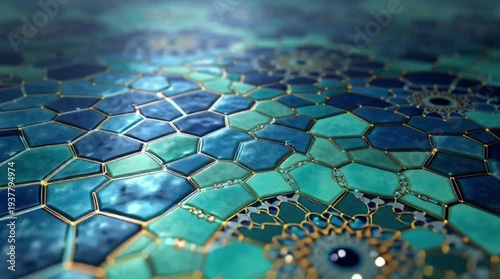 Intricate blue-green mosaic pattern, shimmering with golden geometric designs, reflecting the luxurious artistry of Middle Eastern culture on a vibrant, textured tile surface