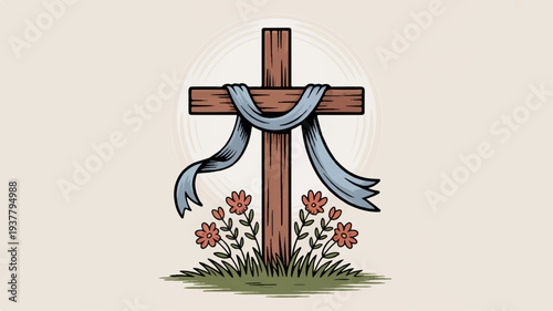 Christian wooden cross with blue ribbon and flowers on green grass symbolizing faith hope and spirituality in a serene environment