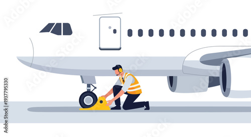 Aircraft mechanic checking tire vector