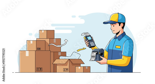 Warehouse worker scanning packages with barcode scanner vector