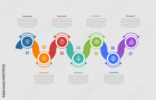 7 elements infographic comparison diagram with smooth line up and down wave with circle badge on curve with dot line style 7 step for slide presentation