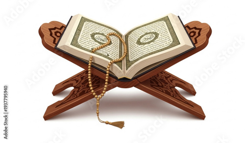 Holy Quran with Prayer Beads on Wooden Rehal 3D Realistic Vector Illustration Isolated on White Background for Ramadan