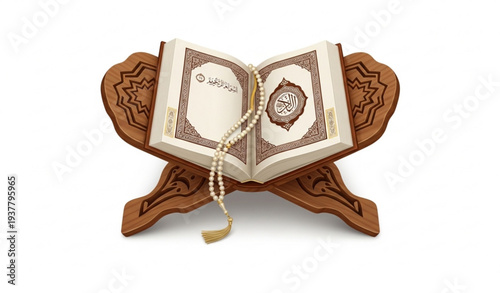 Open Holy Quran with Islamic Tasbih on Wooden Rehal Top View Realistic Vector Illustration for Ramadan
