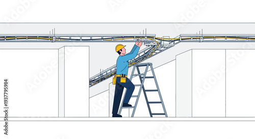 Electrician installing ceiling cable wiring vector