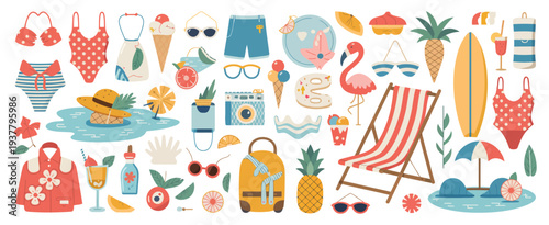 Cartoon Summer Icon and Sticker Set with Beach Vacation and Weekend Elements, Hand Drawn Modern Flat Collection for Summer Time Concept, Cute Signs for Greeting Card, Scrapbooking, Printable Design an