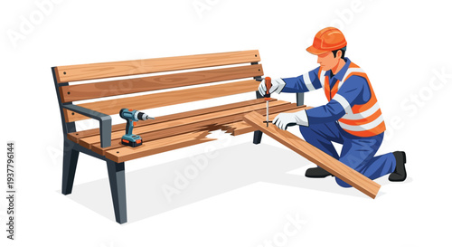 Carpenter repairing wooden park bench vector