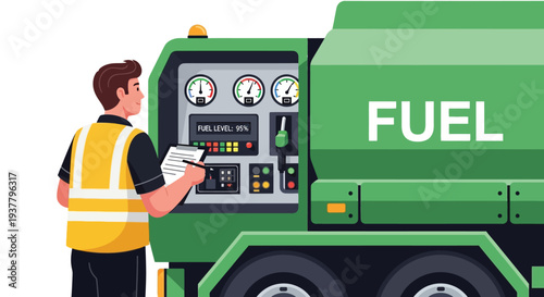 Fuel truck operator checking fuel control system vector