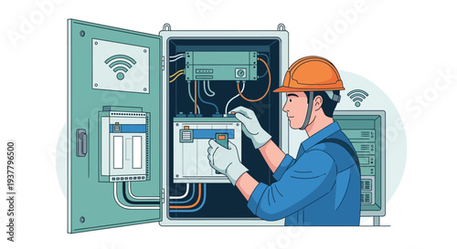 Electrical technician repairing control panel vector