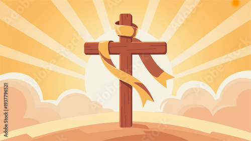 Scarecrow standing on hill with cross arms outstretched against vibrant orange sky with sun rays and clouds